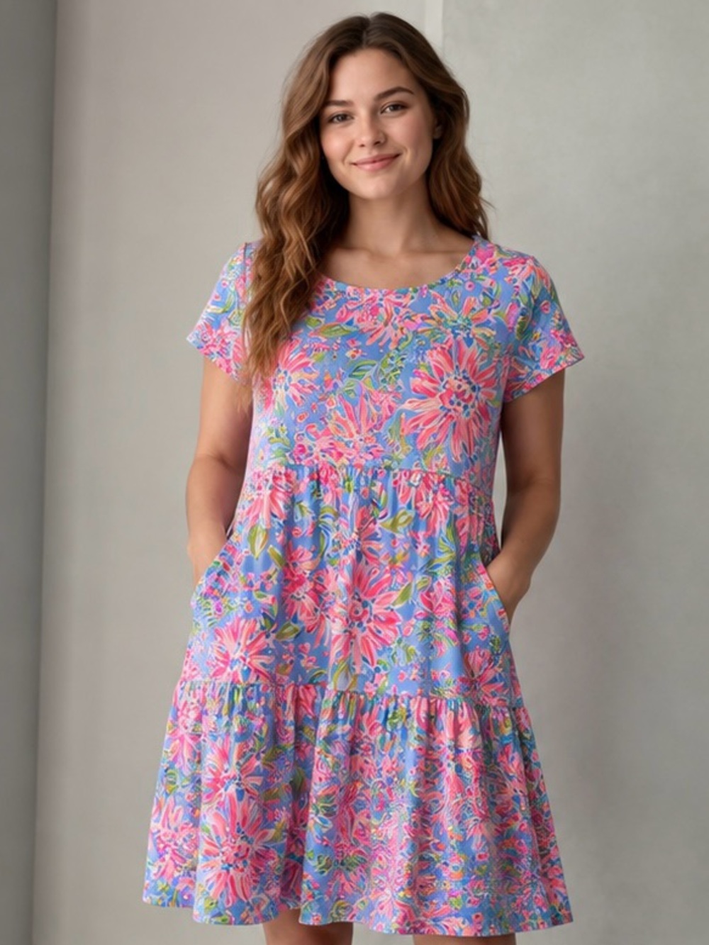 Lilly Pulitzer Blue & Pink Floral Tiered Dress NWT Size M